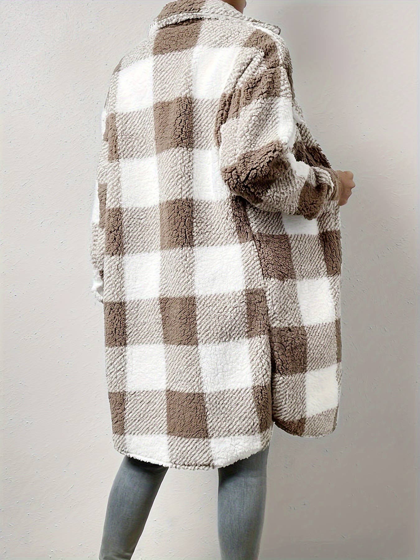 Double-sided plush checkered long lapel cardigan