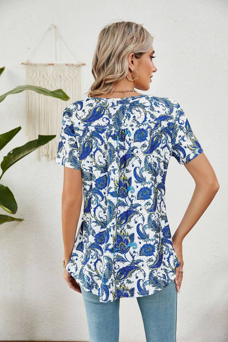 CWTBLS0850_BUTTON PRINT FLORAL SHORT SLEEVE BAGGY TOP