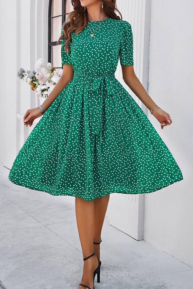 CWDSD7139_TEMPERAMENT CASUAL POLKA DOT LACE-UP PRINT DRESS