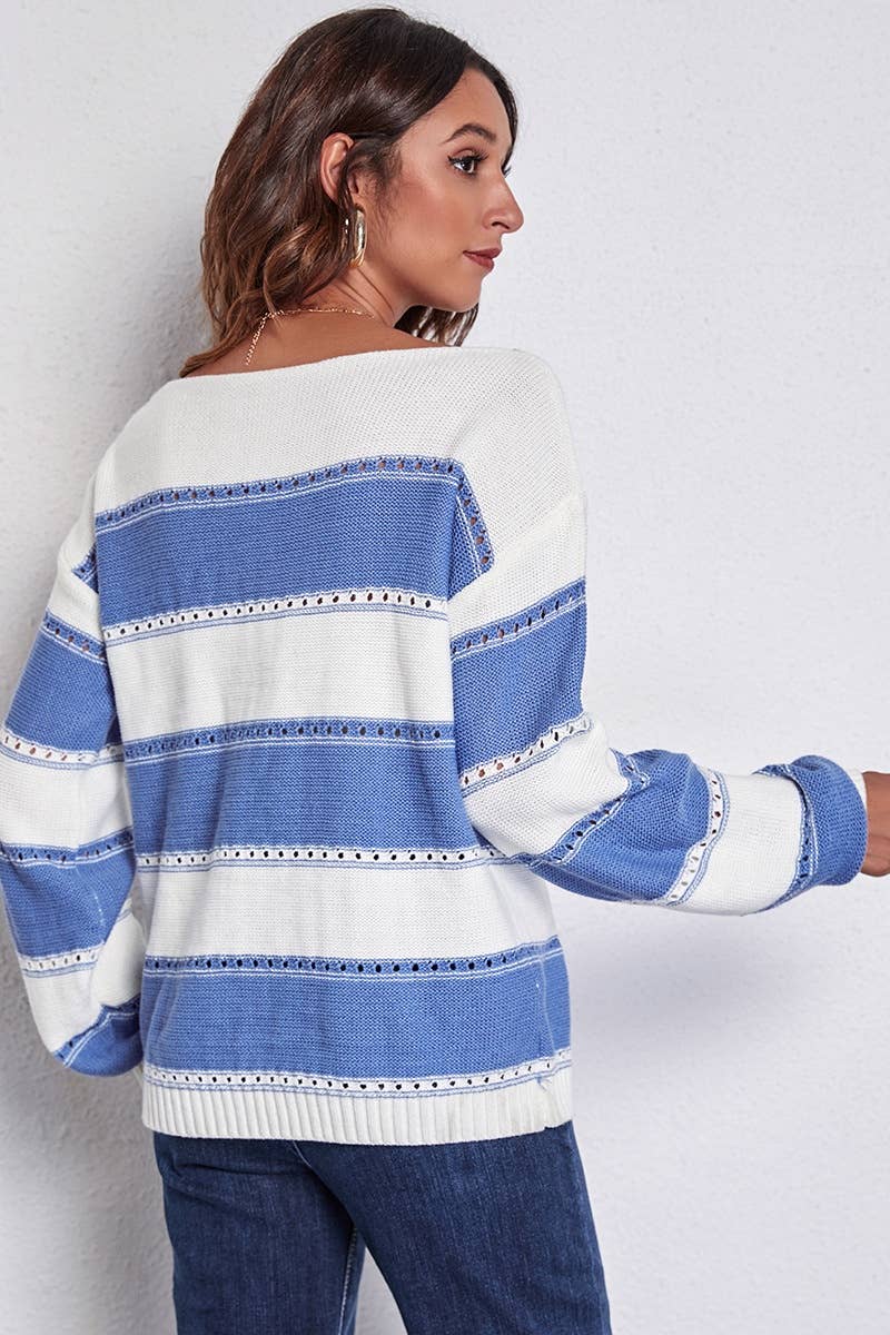 CWOSWL6409_OFF-THE-SHOULDER STRIPED LONG-SLEEVED SWEATER
