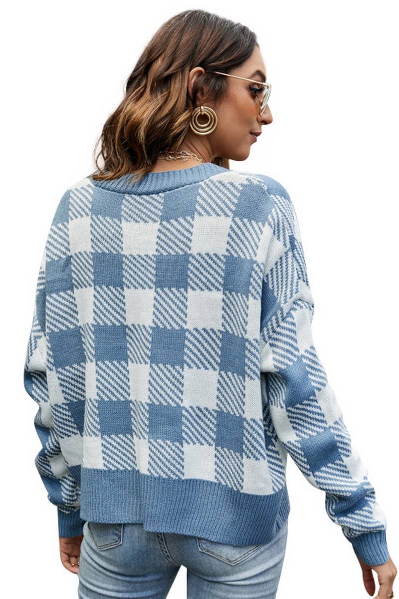 CWOCAL0790_V-NECK CASUAL PLAID KNITTED CARDIGAN