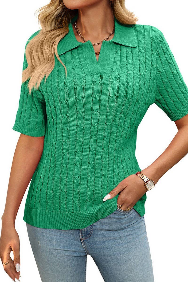 CWOSWS0127_V-NECK LAPEL CABLE-KNIT SHORT-SLEEVED PULLOVER