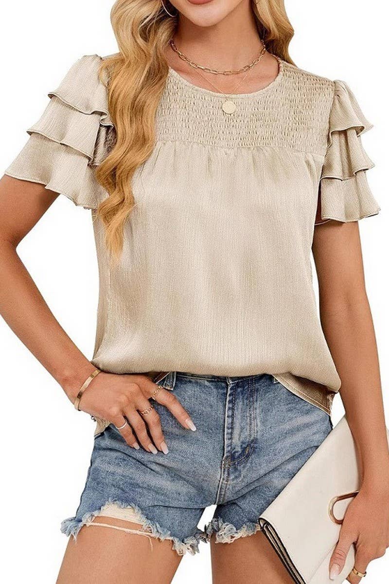 CWTBLS2271_SATIN RUCHED TIERED SHORT SLEEVE CREW NECK TOP