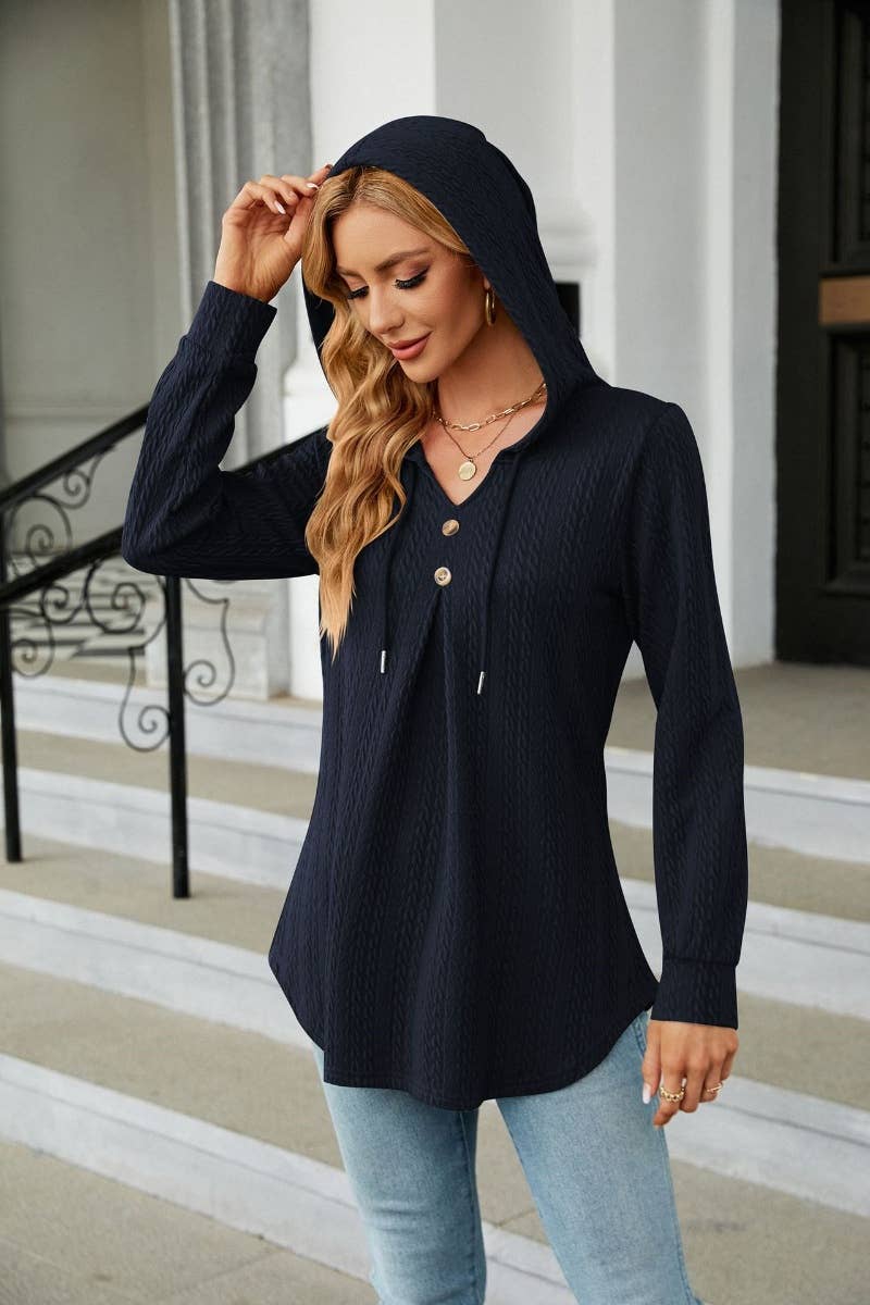 CWTBLL2794_FALL V-NECK HOODED LONG-SLEEVED KNIT TOP