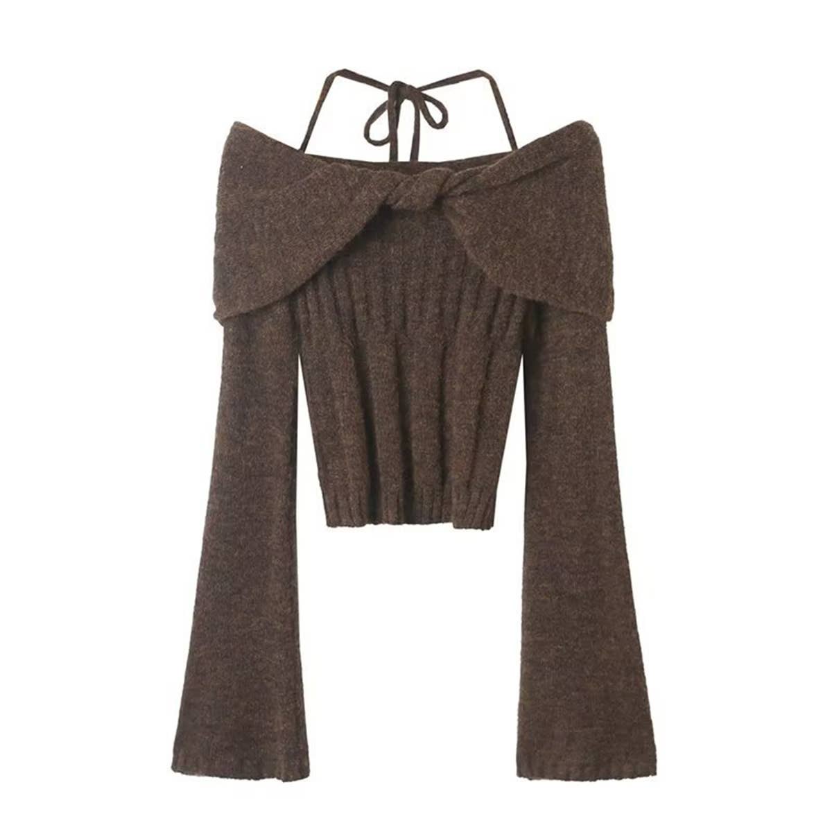 DESIGN ONE-LINE SHOULDER TWIST HALTER KNITWEAR