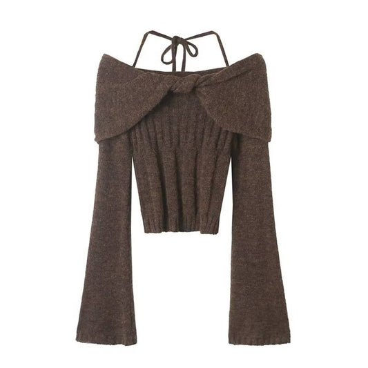 DESIGN ONE-LINE SHOULDER TWIST HALTER KNITWEAR