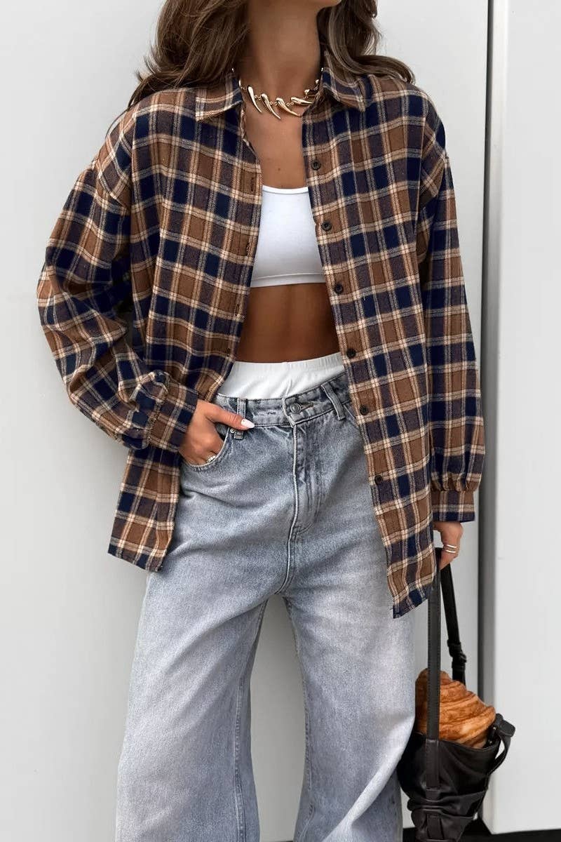 CWTBLL556_PLAID LOOSE CASUAL COMMUTER LONG-SLEEVED SHIRT