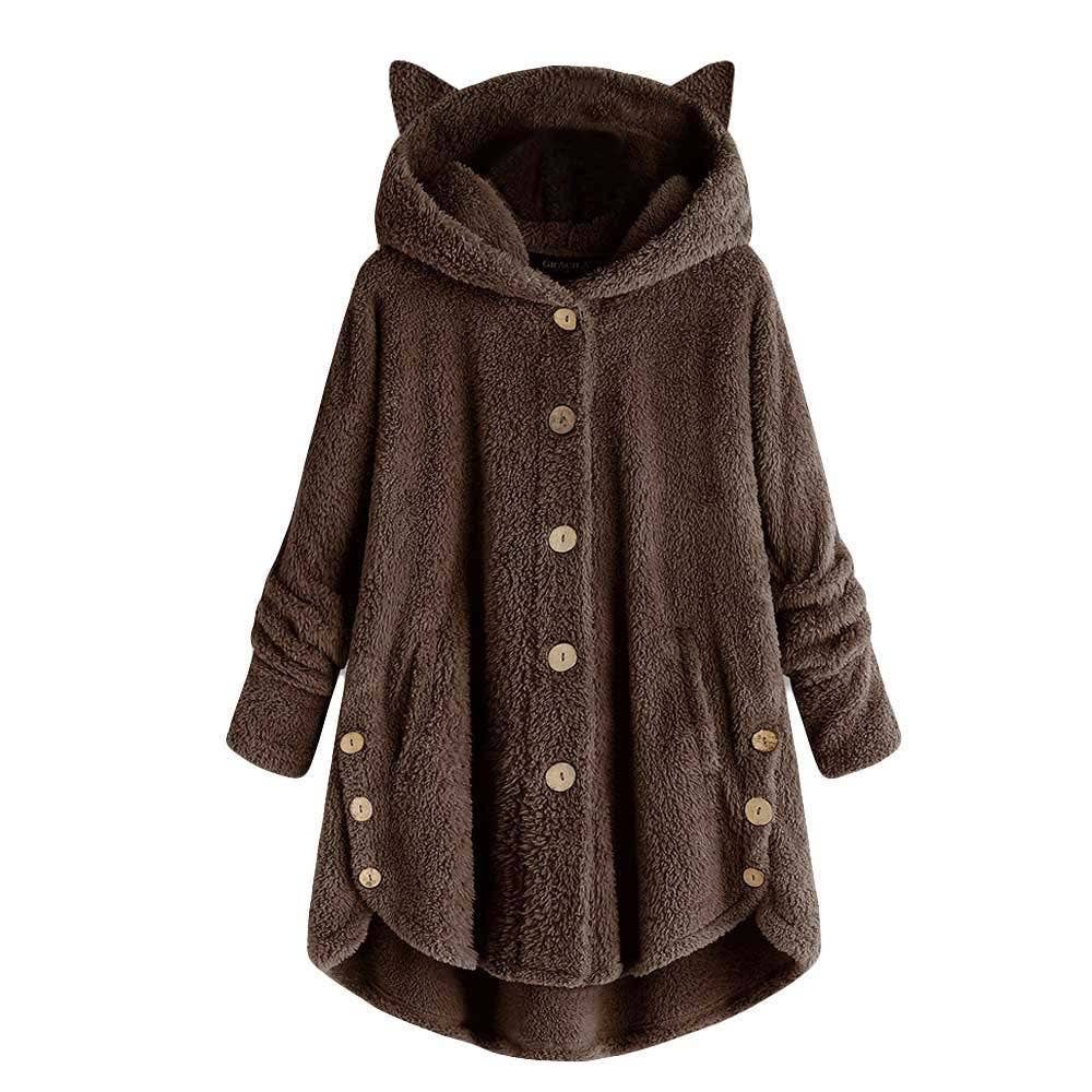 BUTTON-UP HOODED CAT EARS PLUSH SOLID COAT