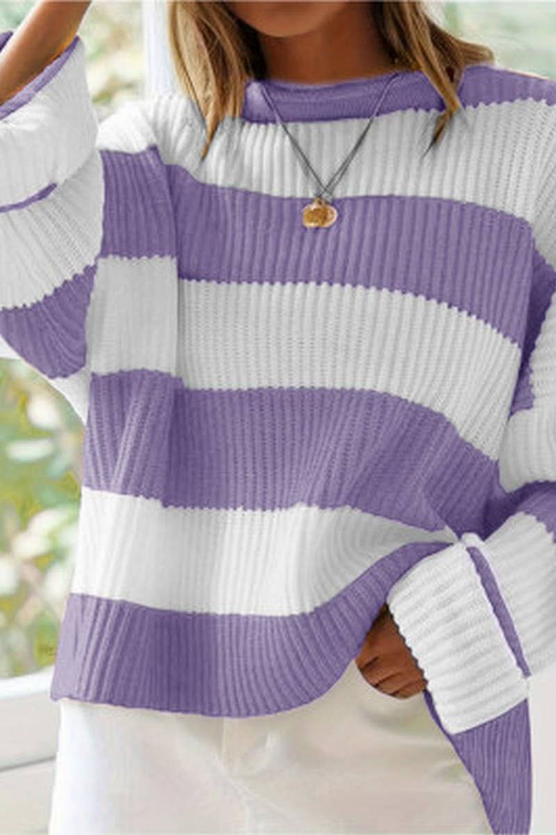 CWOSWL07625_RETRO COLORBLOCK STRIPED LOOSE KNIT SWEATER