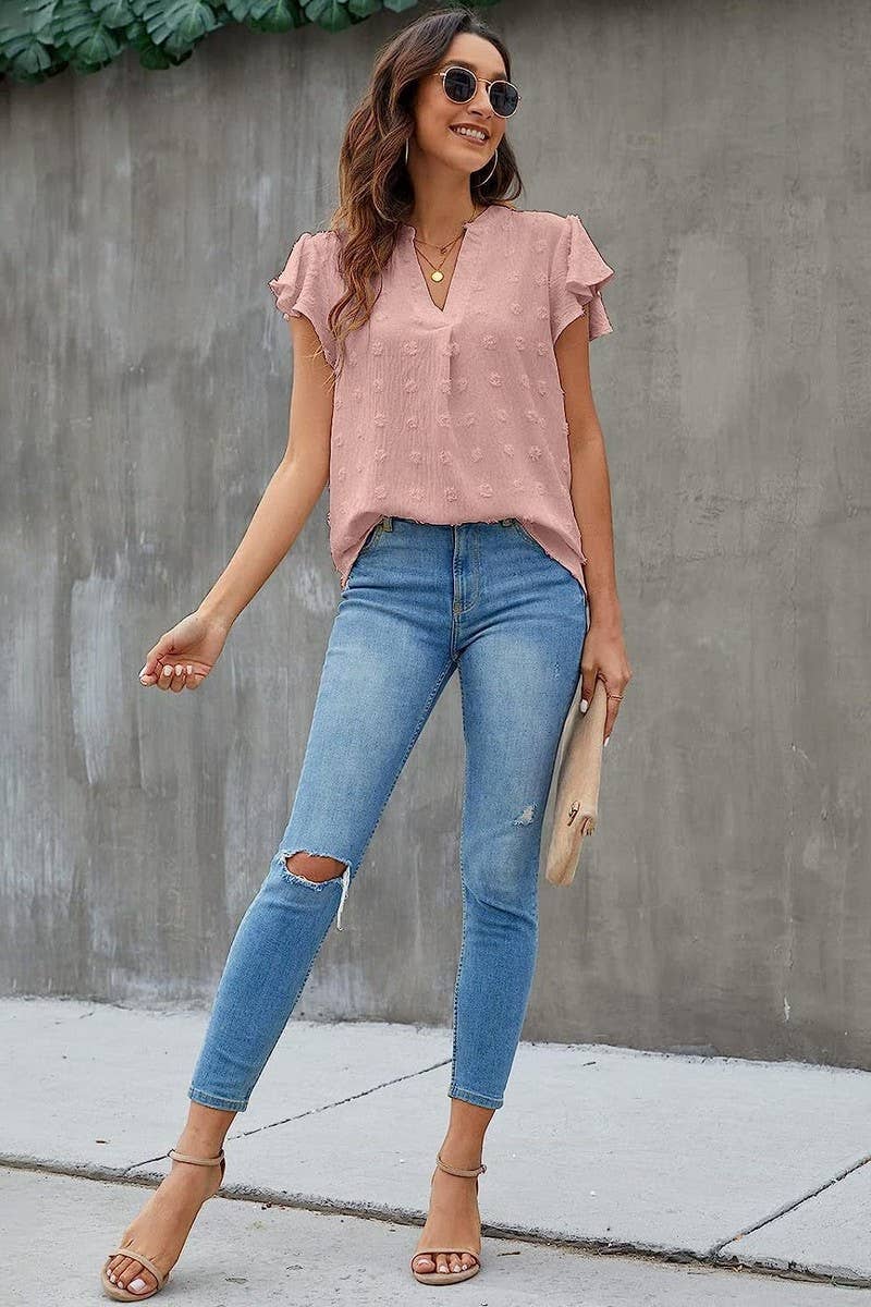 CWTBLS0606_V-NECK RUFFLED SLEEVE CHIFFON SHORT-SLEEVED TOP