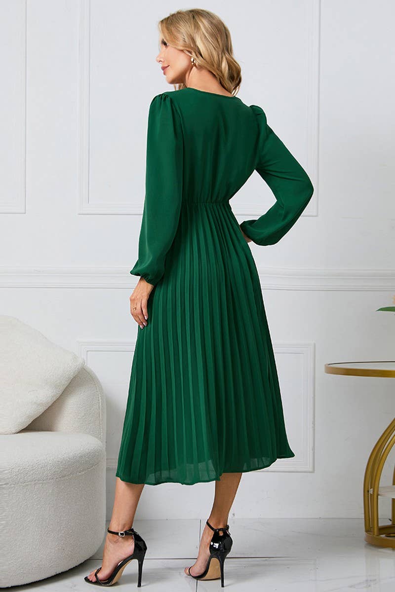 CWDMD1462_V-NECK LONG SLEEVED PLEATED DRESS