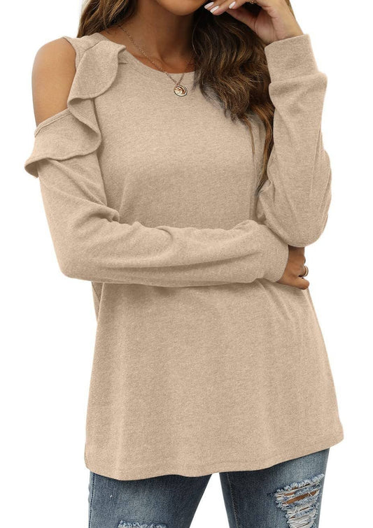 CREW-NECK, OFF-SHOULDER, RUFFLED CASUAL SWEATER
