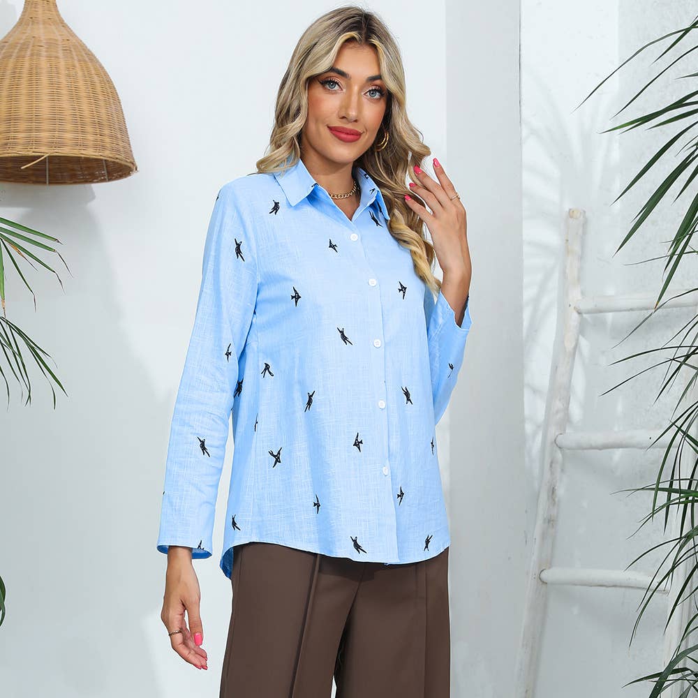 COTTON AND LINEN ANIMAL PRINT CASUAL LAPEL SHIRT