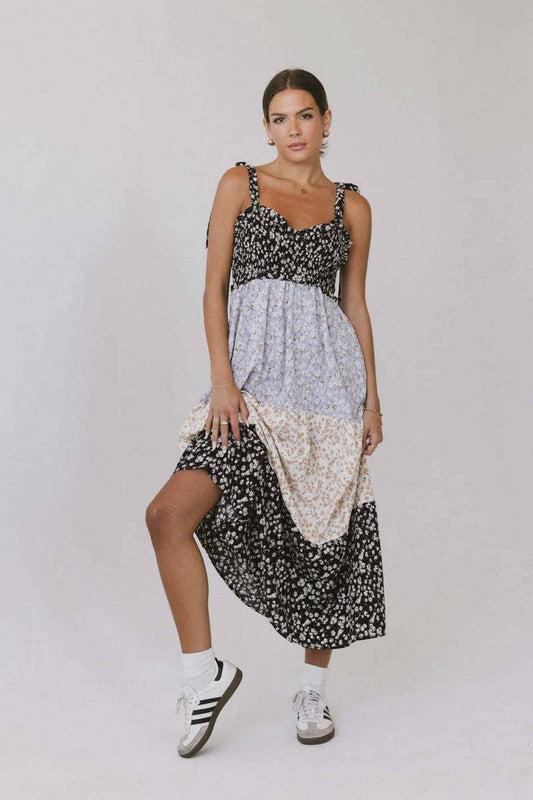 CWDMD5696_FLORAL RUFFLE TIE STRAP FRENCH TIERED DRESS