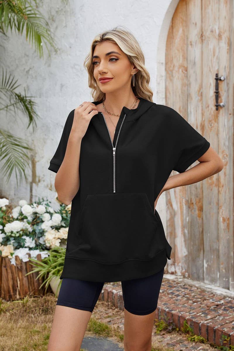 CWOHOS0018_LOOSE FIT ZIPPER SHORT SLEEVE HOODED SWEATSHIRT