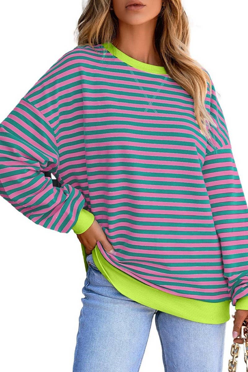 WTBLL1485_COLORFUL STRIPED CREW NECK LOOSE SWEATSHIRT