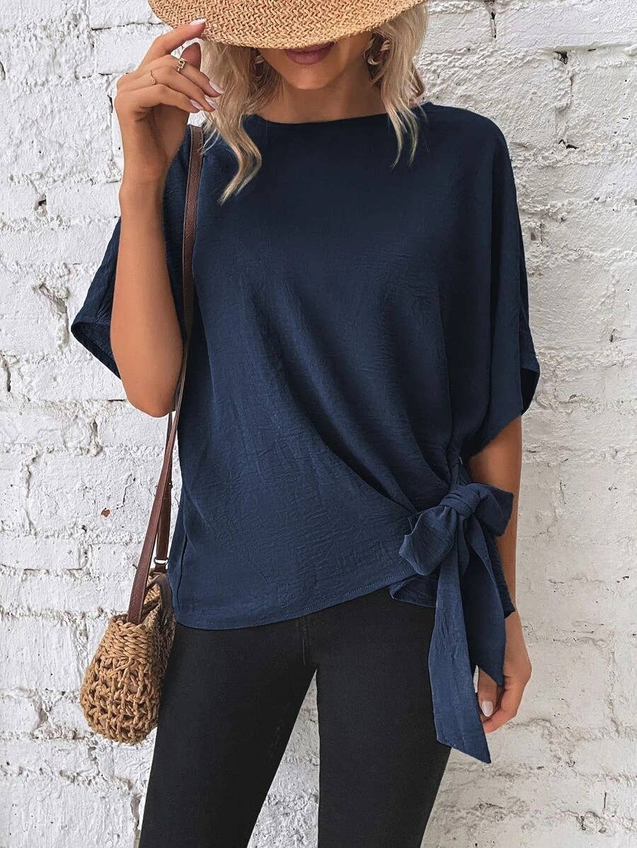BATWING SLEEVED HEM KNOT LOOSE BLOUSE