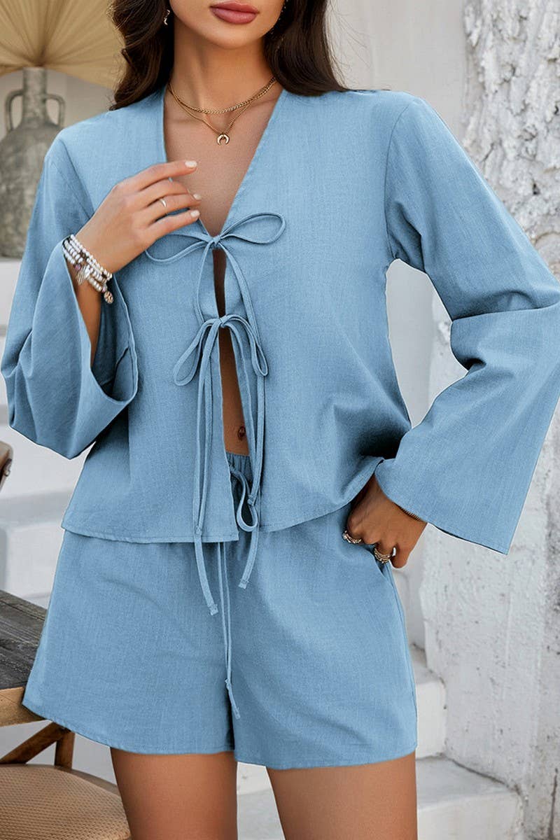 CWSTB1576_SOLID COLOR CARDIGAN LONG-SLEEVED TOP SHORTS SET