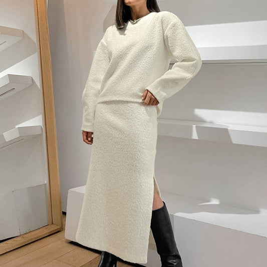 CWSTB1404_LAMB FLEECE HOODIE HIGH WAIST SPLIT SKIRT SET