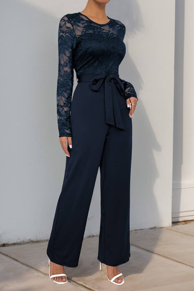 CWSJS00276_LACE PATCHWORK ZIP TIE SOLID LOOSE JUMPSUIT