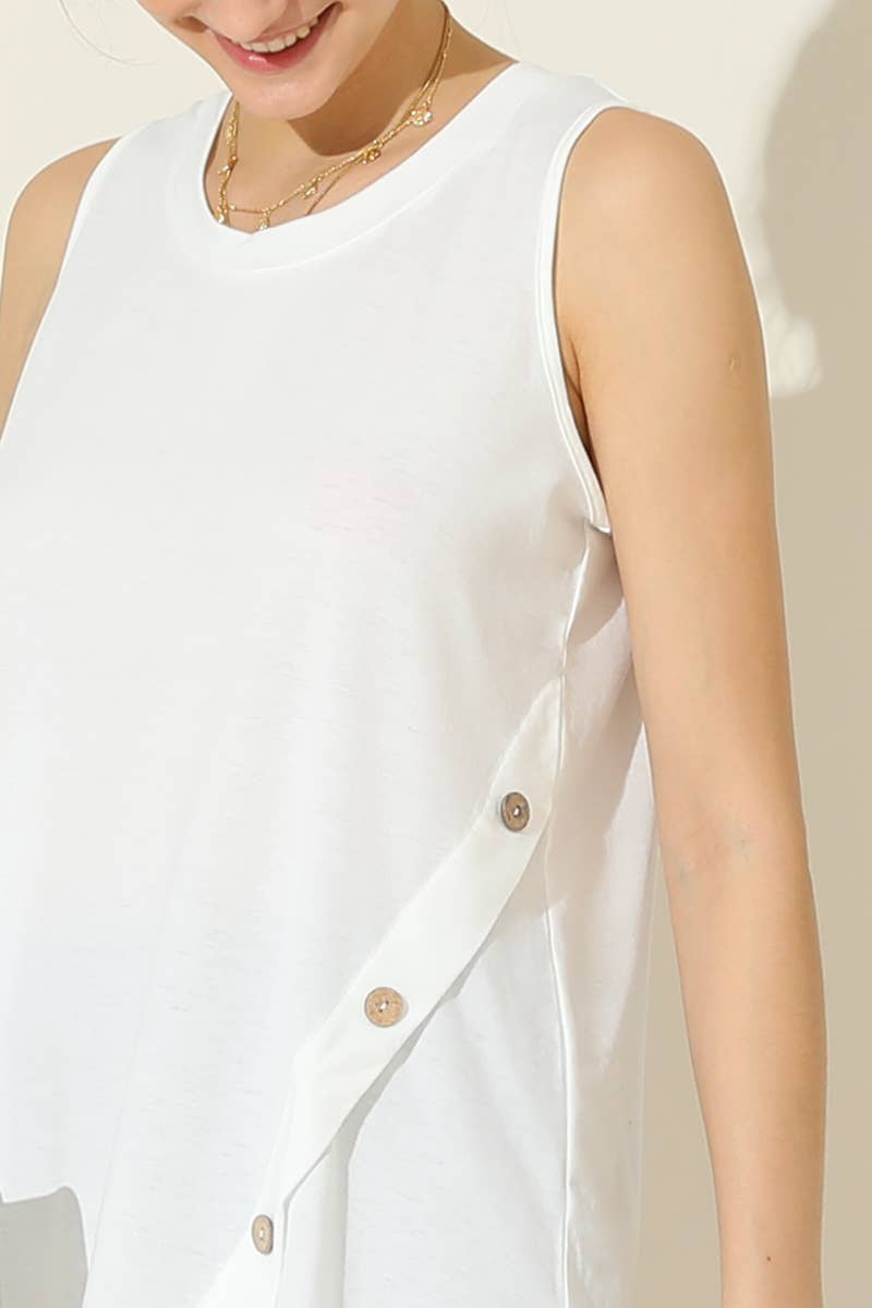 CWTTSL199_U NECK BOTTON SIDE BUTTON UP SLEEVELESS TOP