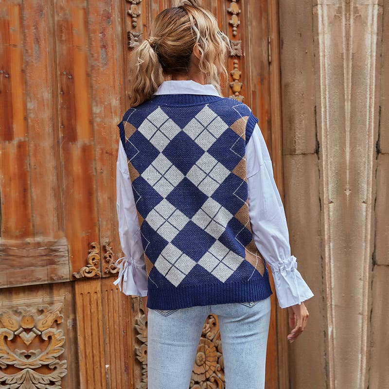 DIAMOND CHECK V-NECK SWEATER VEST KNIT