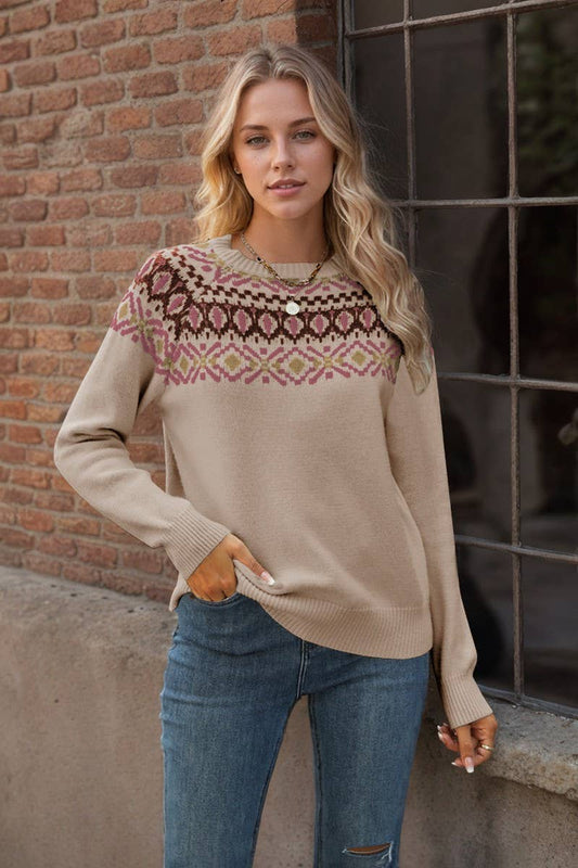 CWOSWL7020_JACQUARD VINTAGE CREW NECK PULLOVER SWEATER