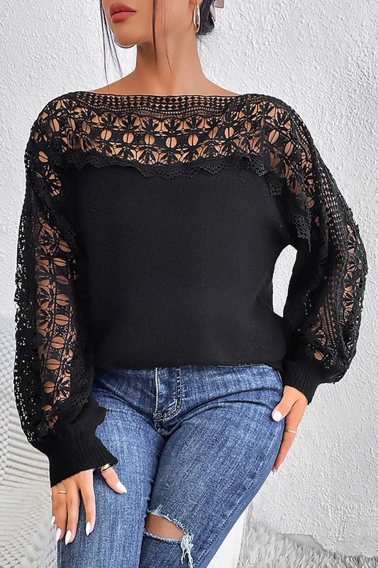 CWOSWL6726_CUT-OUT LACE LACE PATCHWORK LONG-SLEEVED SWEATER