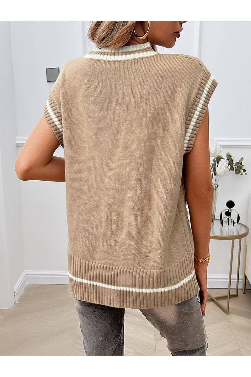 CWOV0435_Casual V-Neck Color Matching Knit Sweater Vest