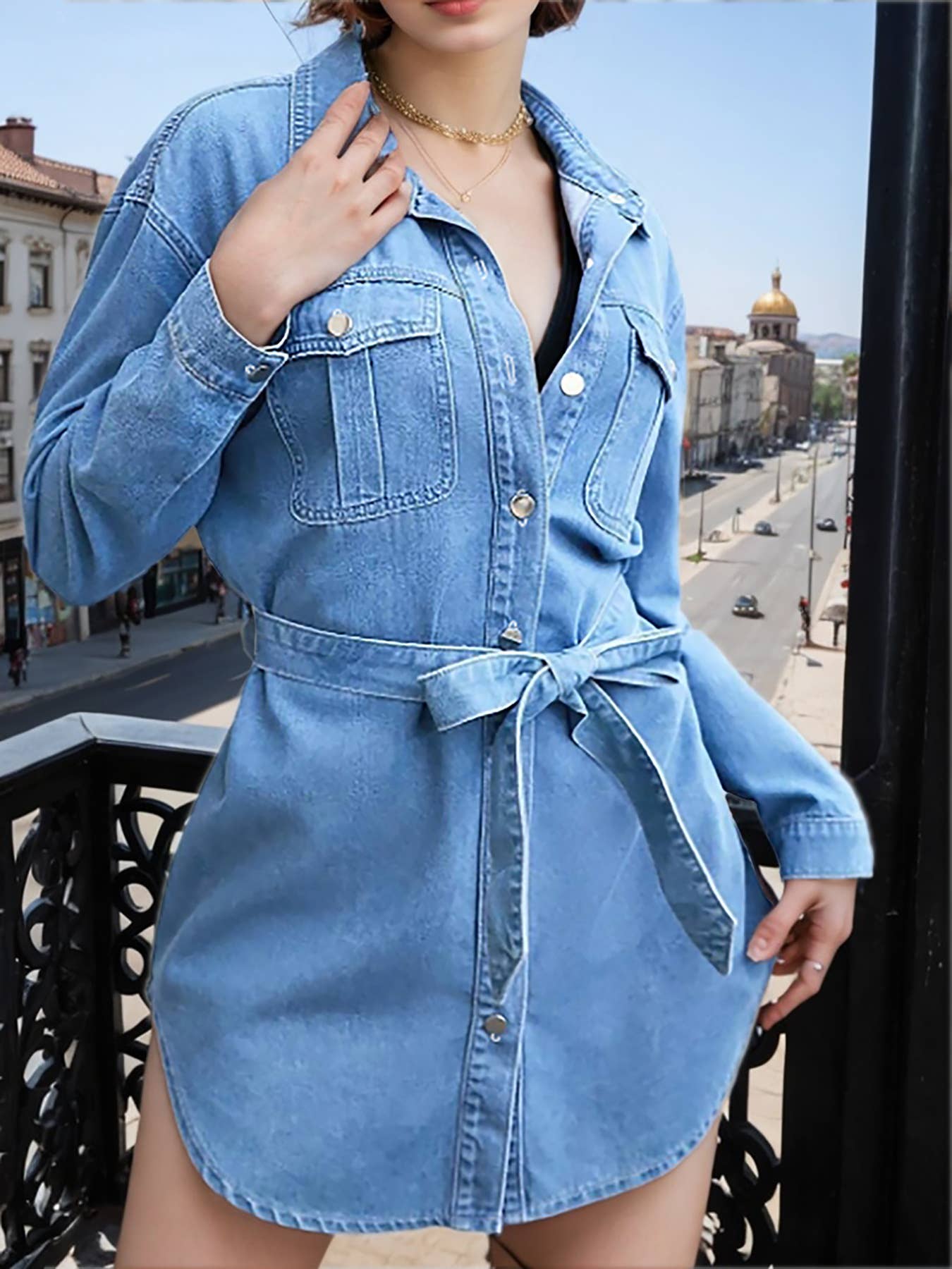Denim lapel non-elastic lace-up mid-length dress