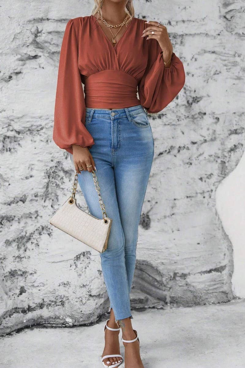 CWTTL2007_SPRING AND AUTUMN FASHION WAIST V-NECK TOP