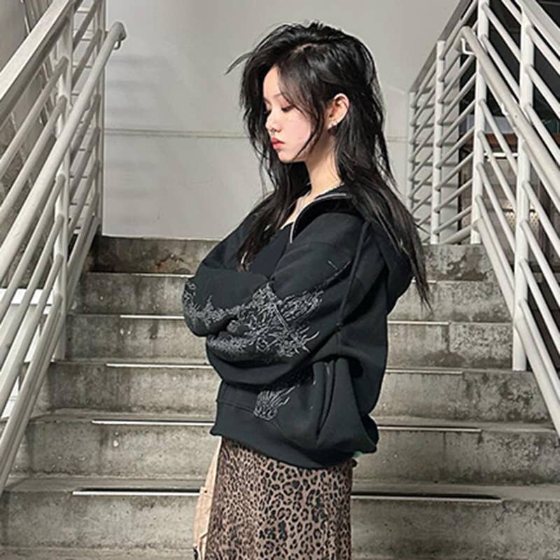 DARK STYLE VINTAGE PRINT LOOSE ZIPPER JACKET