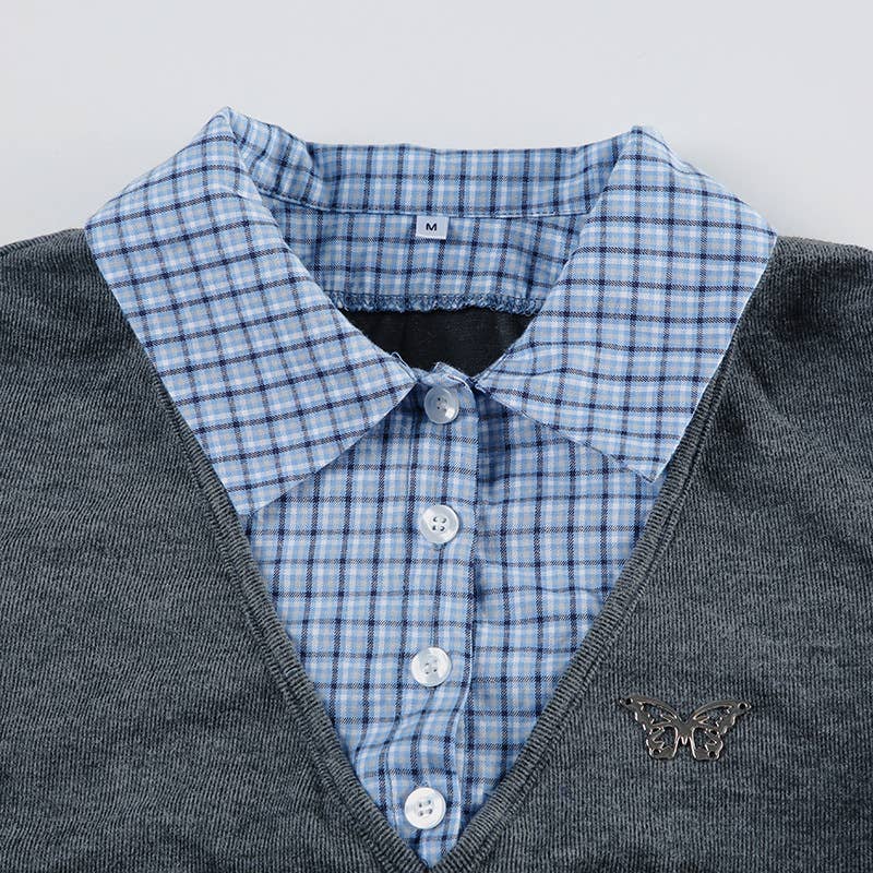 College style stitched lapel fake two dresses