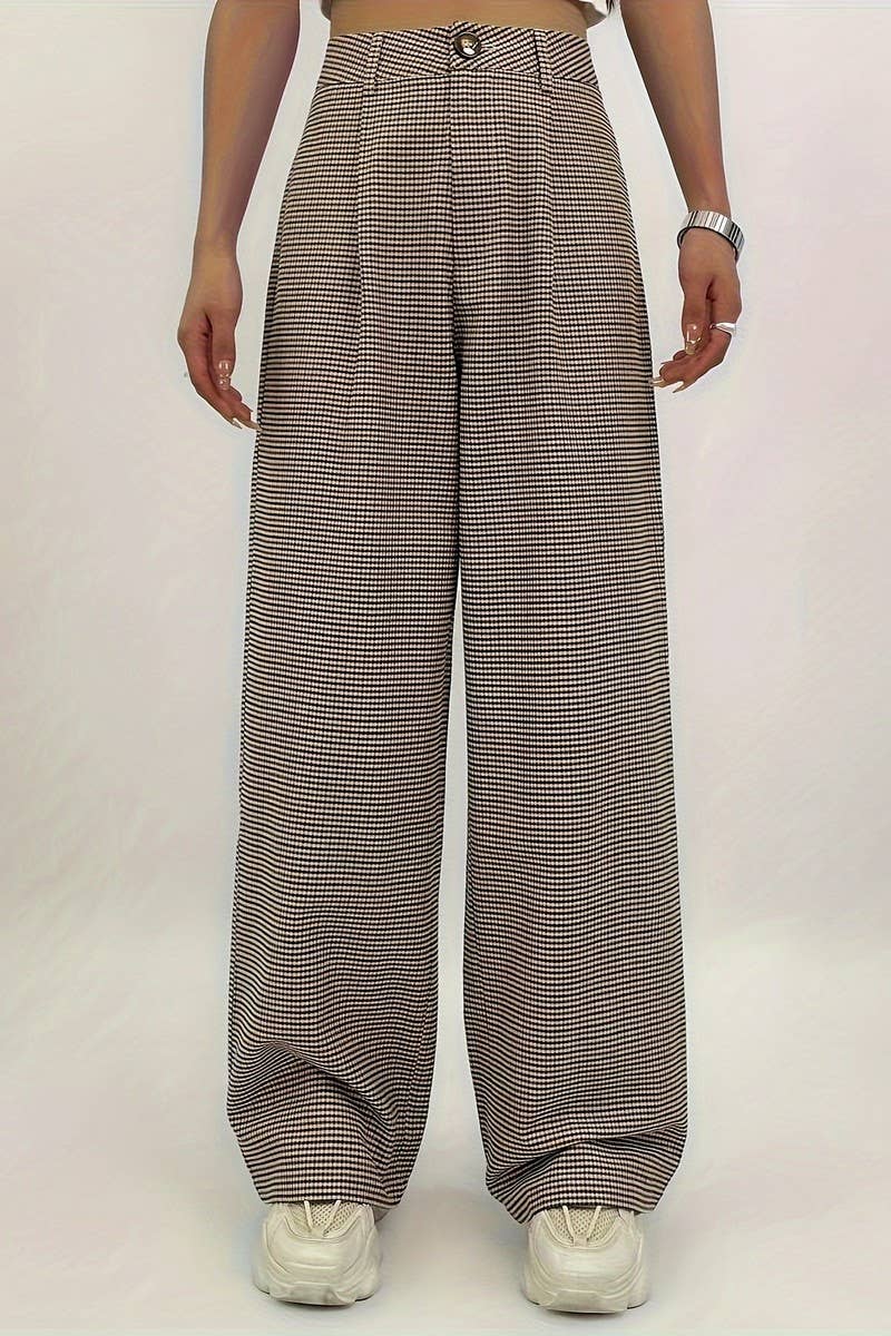 CWBLP1121_HIGH-RISE CHECKED WRINKLED STRAIGHT-LEG TROUSERS