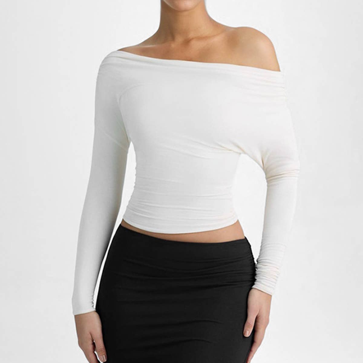 DIAGONAL NECK PLEATED WAIST SOLID COLOR T-SHIRT