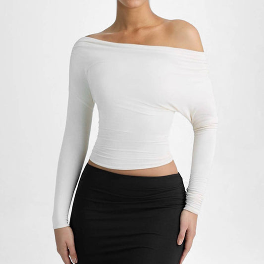 DIAGONAL NECK PLEATED WAIST SOLID COLOR T-SHIRT
