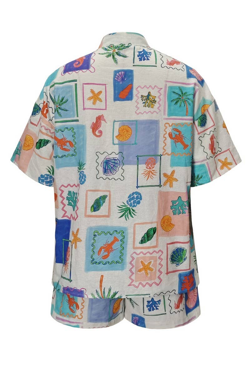 CWSTB2135_GRAFFITI PRINT SHIRT & TIE WAIST SHORTS SET