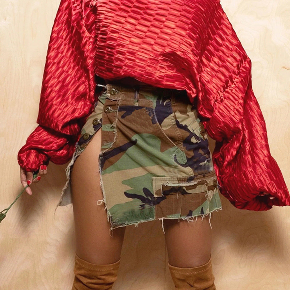 Camouflage Button Pocket Street Casual Skirt