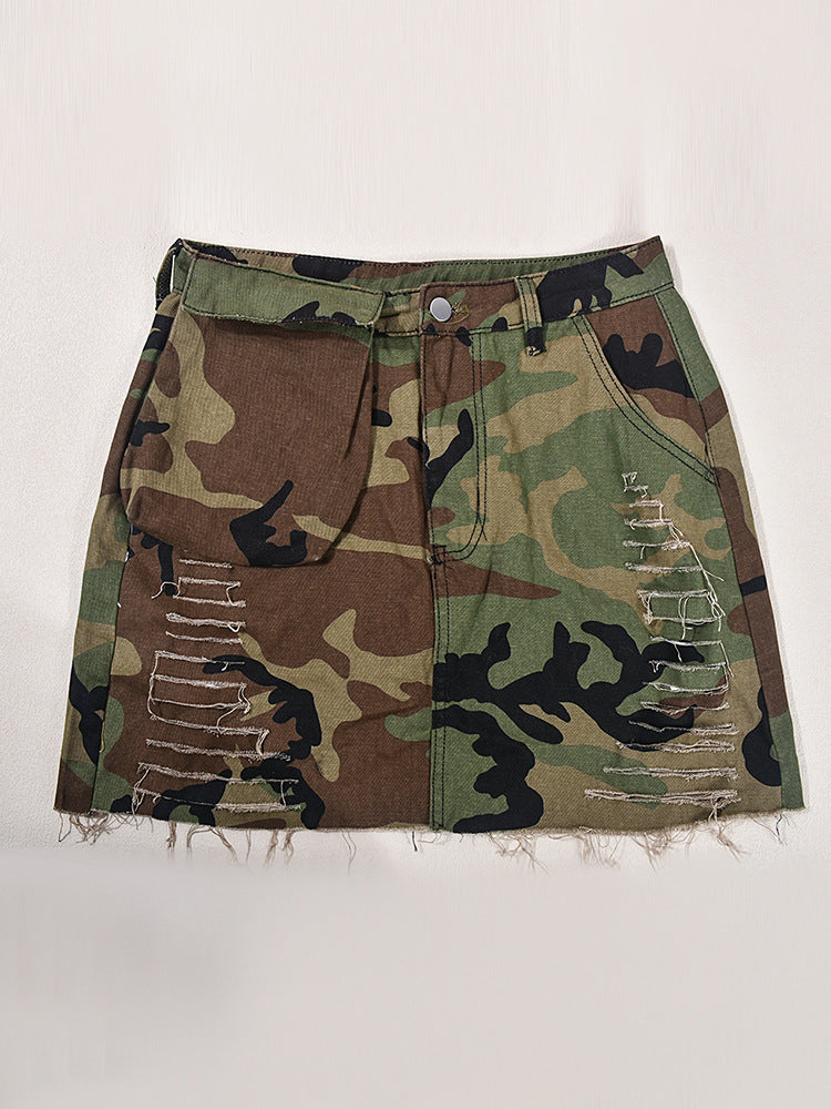 Camouflage Sexy Tassel Hole Casual Mini Skirt
