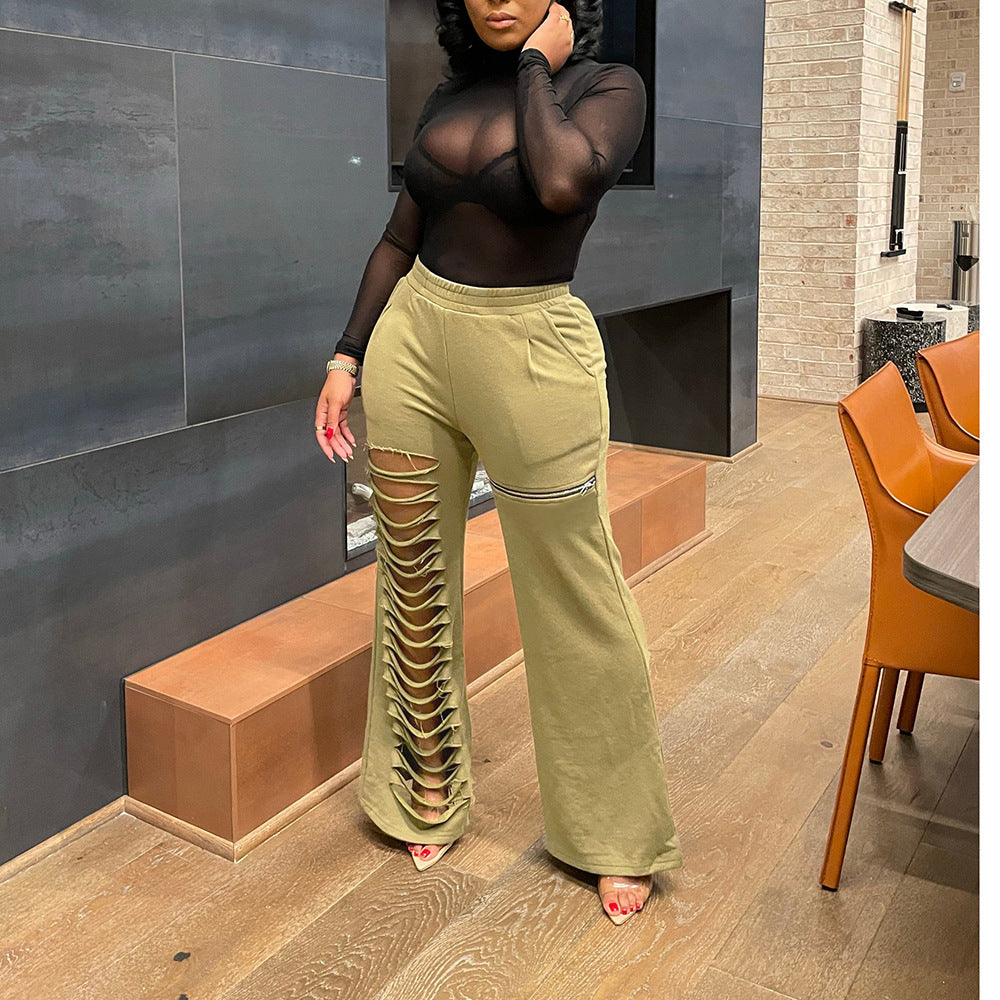 Burning Zipper Cutting Loose Fit Casual Pants