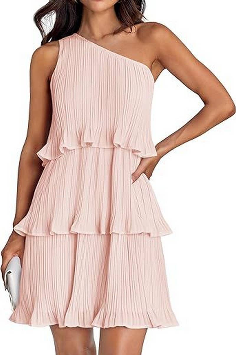 CWDSD7518_SUMMER OFF-SHOULDER LAYERED SOLID COLOR DRESS