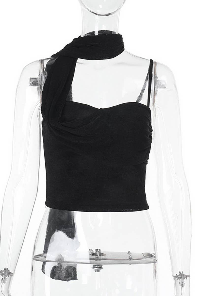 CWTTK0865_SUMMER STRAPLESS CROP ONE-SHOULDER TIE TOP