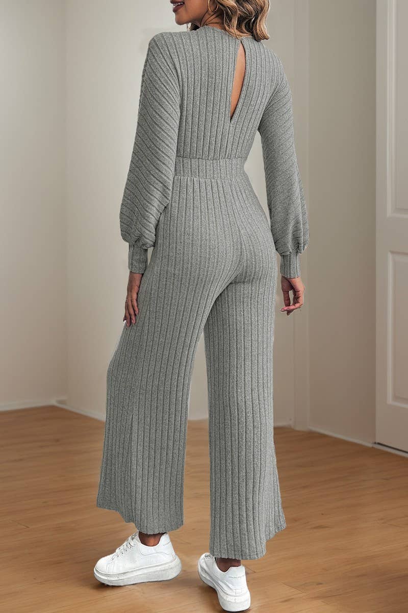 CWSJS1398_V-NECK SOLID COLOR HIGH WAIST WIDE LEG JUMPSUIT