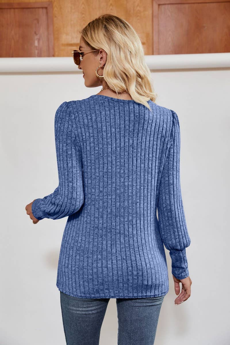 CWTBLL4014_RIBBED SQUARE NECK PUFF SLEEVE SPLIT HEM TOP