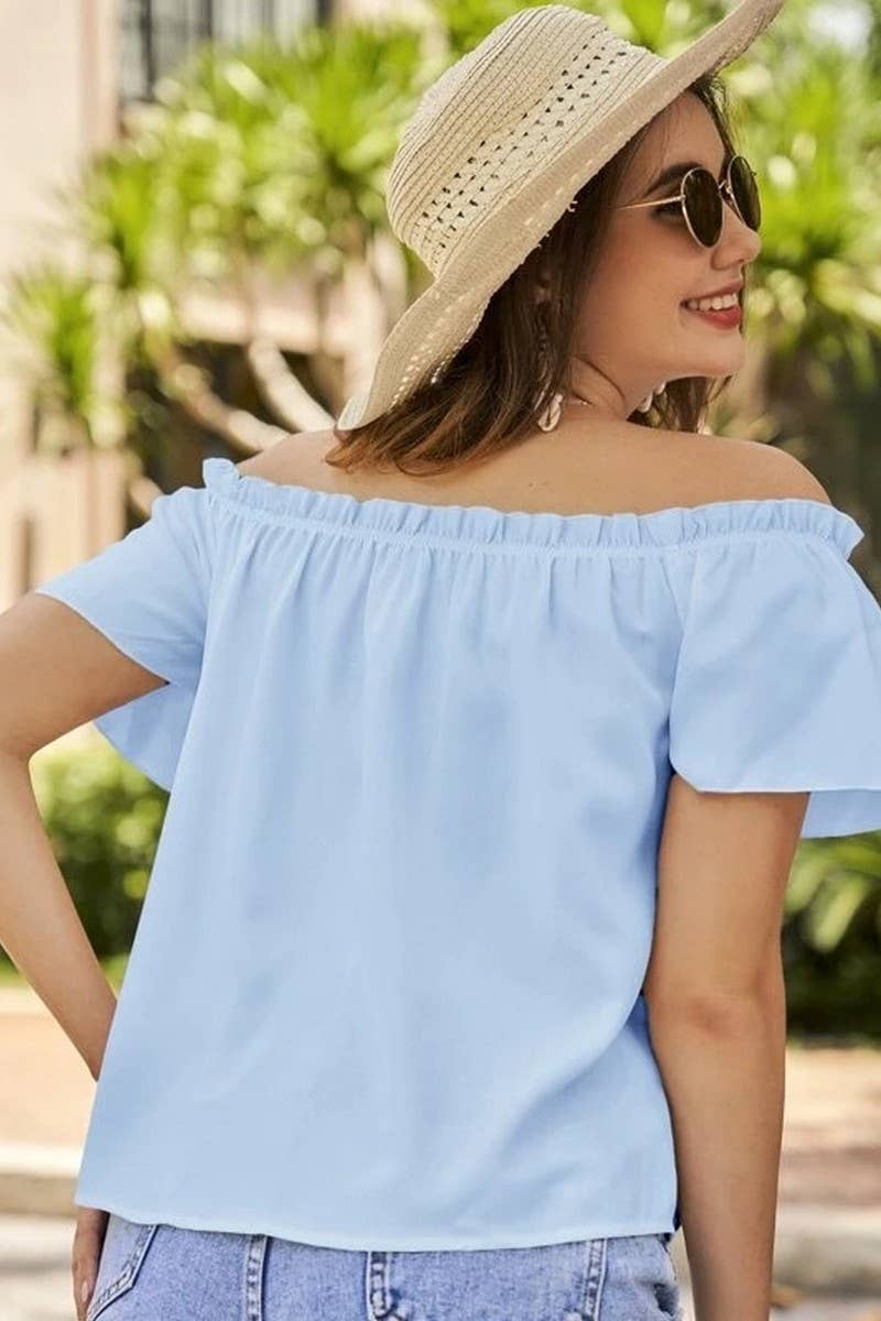 CWTBLS1493_SOLID COLOR OFF-SHOULDER RUFFLE SHIRT TOP
