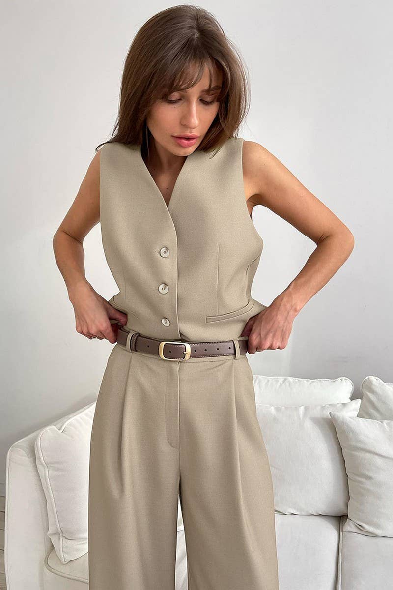 CWSTB1475_SOLID COLOR SUIT VEST TOP PANTS SET