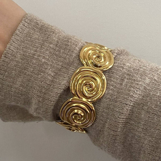 18K Gold Spiral Open Bangle, Textured Steel_CWAJE4671