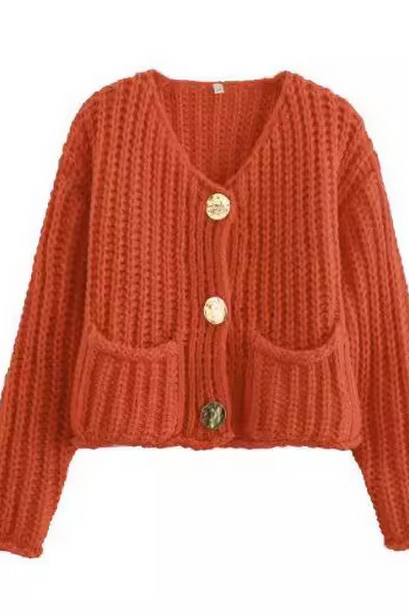 CWOCAL2046_SOLID COLOR METAL BUTTON CHUNKY KNIT CARDIGAN