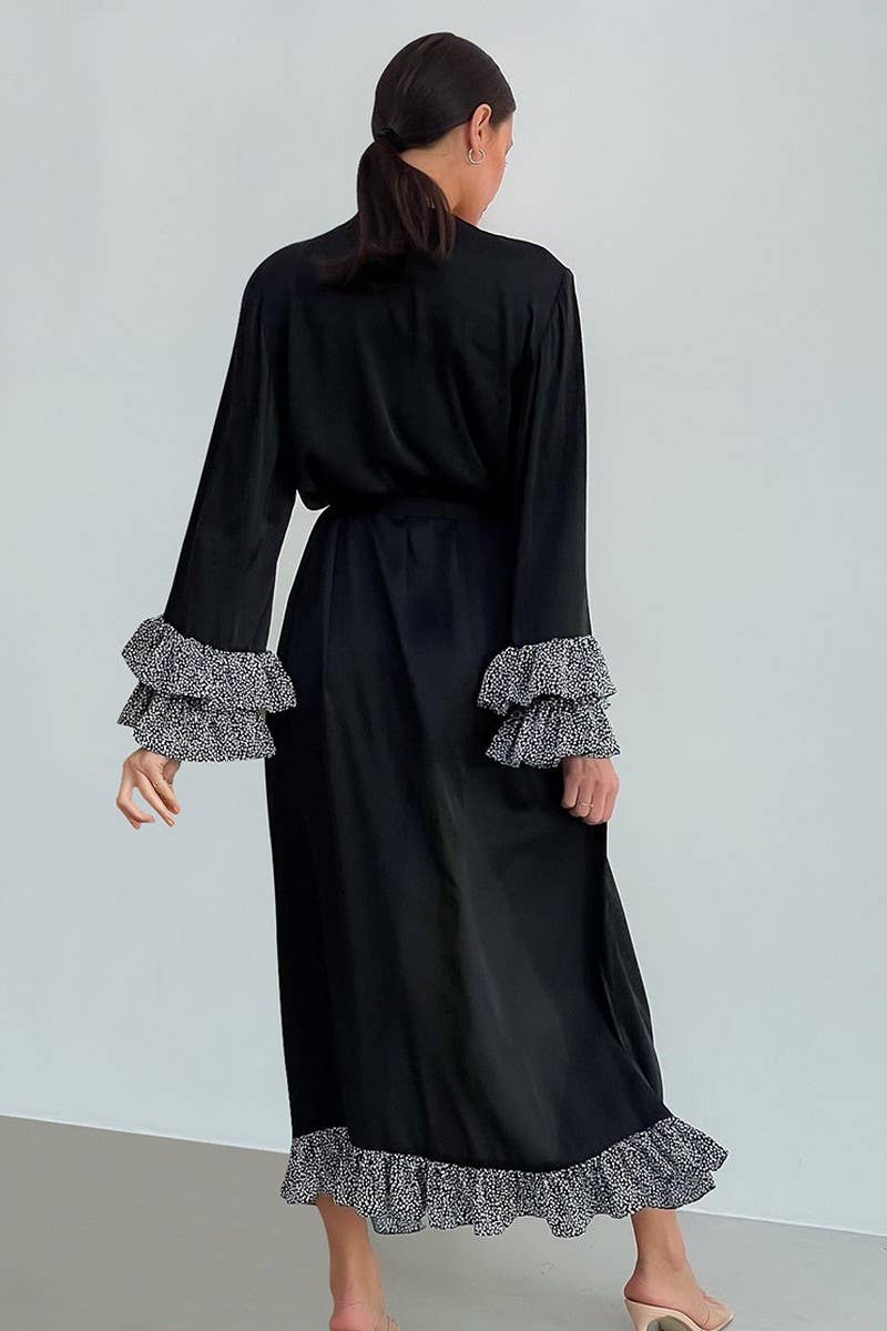 CWSPJ0238_BLACK SATIN PATCHWORK SPOTTED LACE NIGHTGOWN