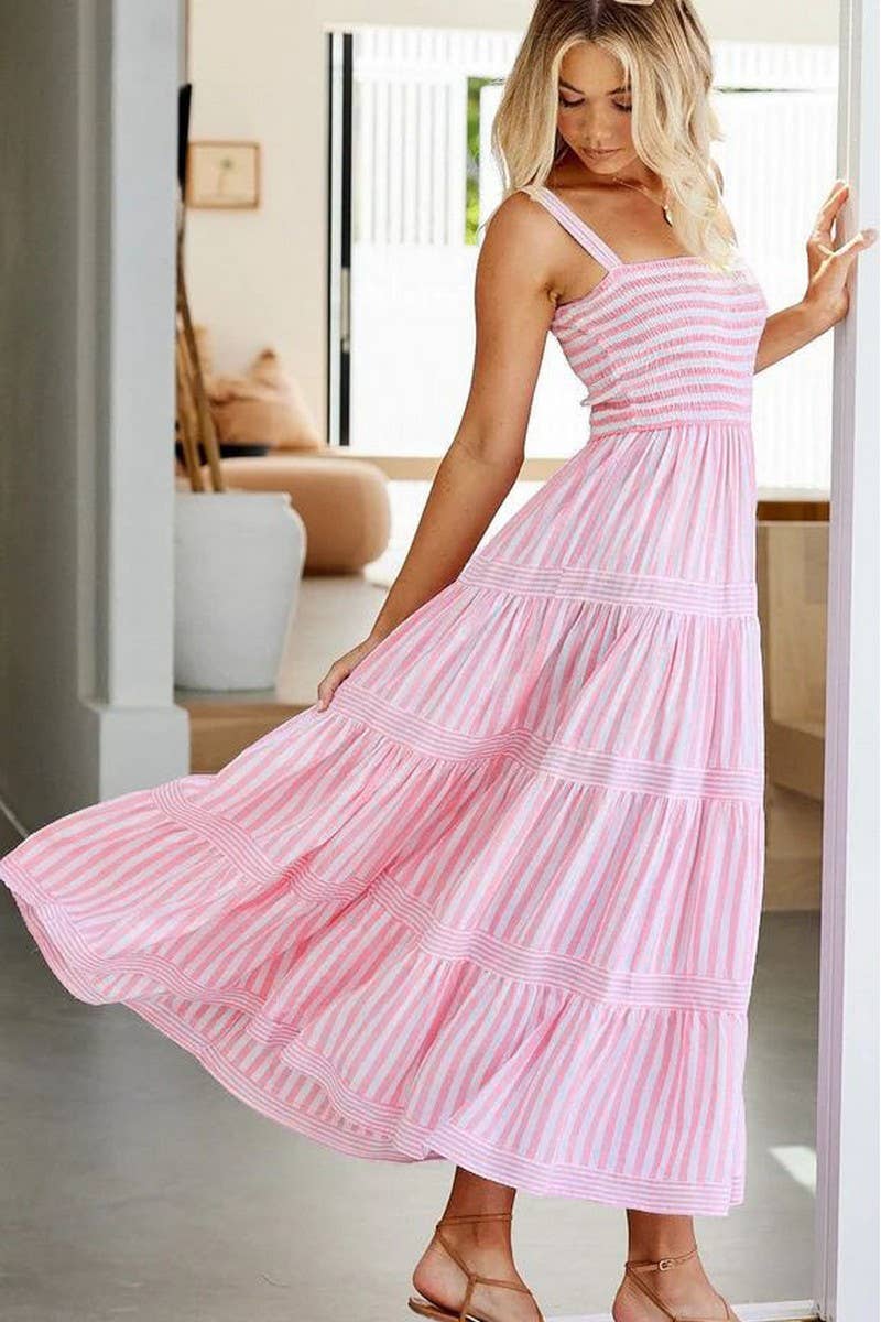 CWDMD5956_STRIPED PRINT SPAGHETTI STRAP VACATION DRESS